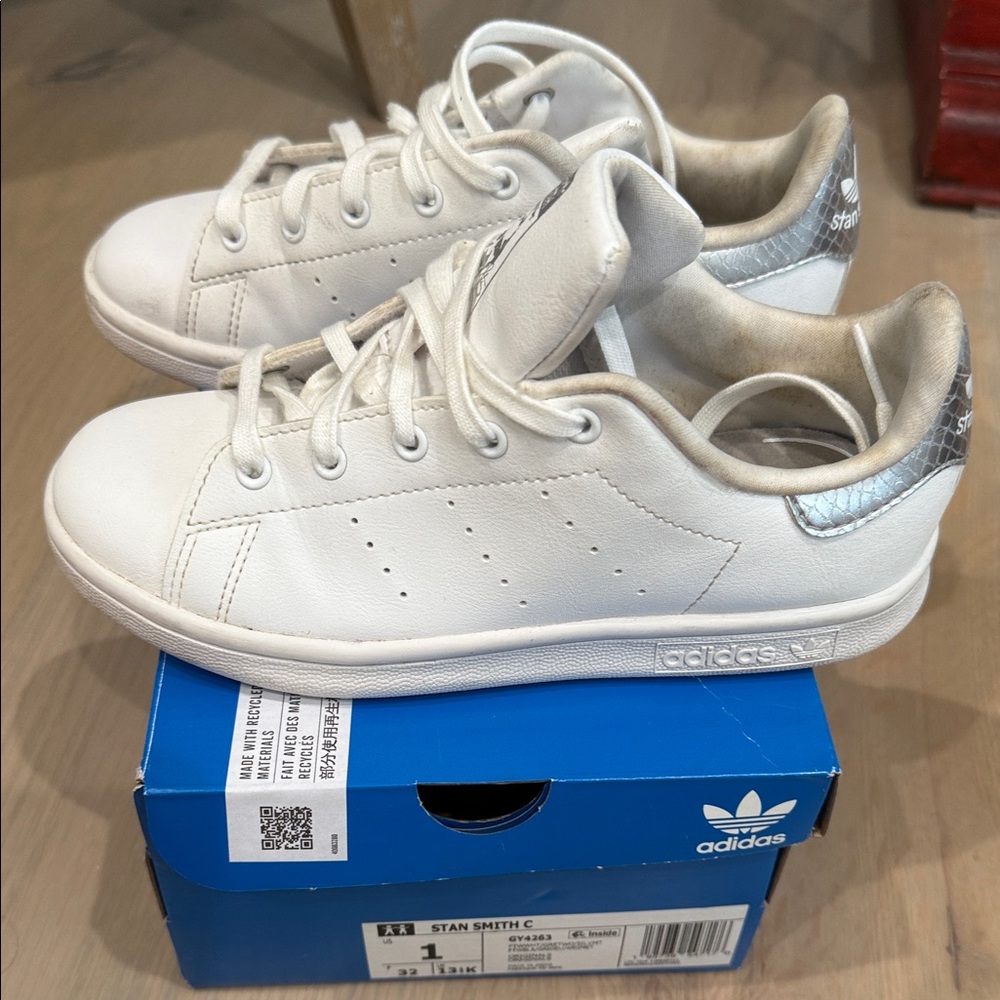 Adidas Kids' Stan Smith White and Silver Sneakers